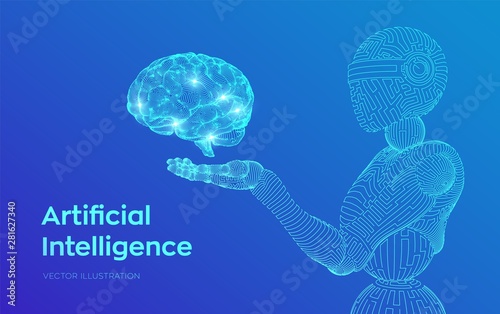 AI. Artificial intelligence. AI in the form of woman cyborg or bot. Wireframe robot. Digital brain. Brain in robotic hand. Machine learning. Graphic design concept of future. Vector illustration.