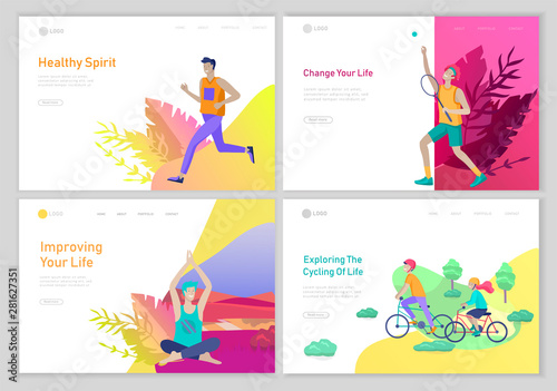 Landing page template with running man, play tennis, children riding bicycles, man doing yoga. People performing sports outdoor activities at park or Nature, healty life style. Cartoon illustration