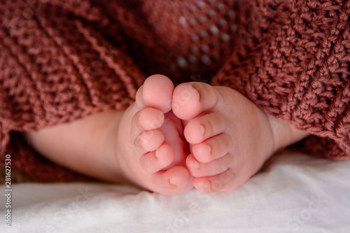 Photo of newborn baby feet, soft focus.