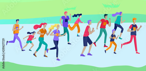 People Marathon Running Sport race sprint, concept illustration running men and women wearing sportswer in landscape. Jogging at Training. Healthy Active Speed Exercise. Cartoon Vector Illustration