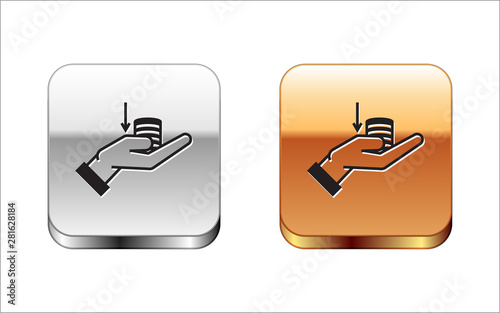 Black Money on hand icon isolated on white background. Palm holds cash with down. Cash salary decrease. Silver-gold square button. Vector Illustration