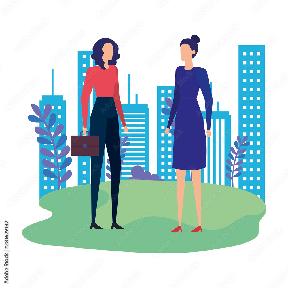 elegant businesswomen workers in the park