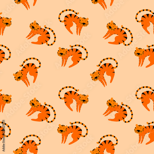 Seamless pattern with cute cartoon tigers for children print. Flat vector illustration.