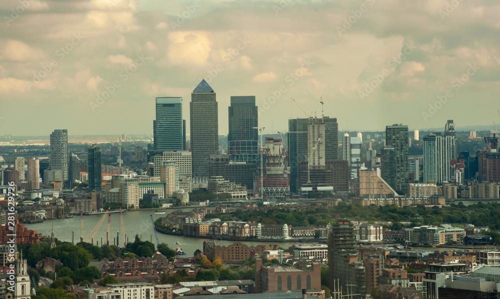 Distant view of Canary Wharf in London