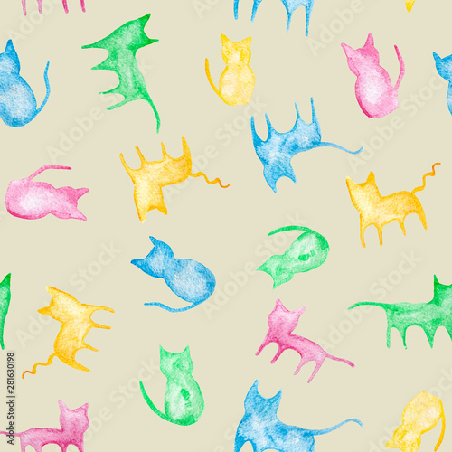 Colorful cats animals watercolor painting - hand drawn seamless pattern on beige background