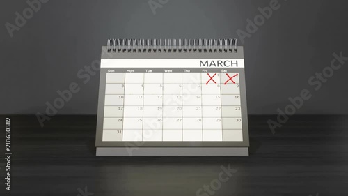 Flagged days in monthly calendar on desk year calendar. Counting down days, flipping pages. Achieving targets goals. Camera fixed, 60fps 4K animation