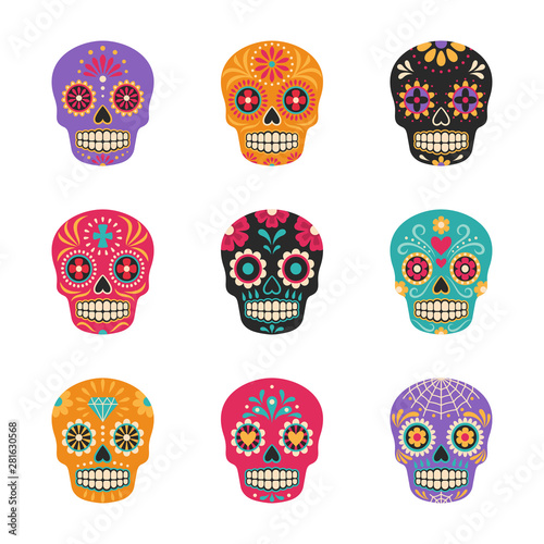 Dia de los muertos. Vector collection of Mexican traditional sugar skulls in various colors. Isolated on white. photo
