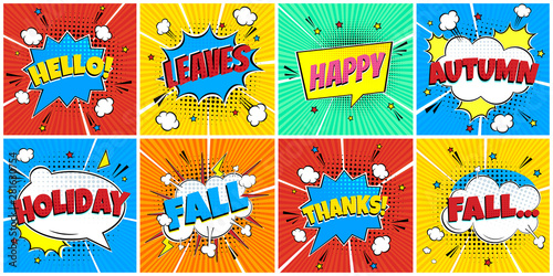 8 Comic Lettering Autumn In The Speech Bubbles Comic Style Flat Design. Dynamic Pop Art Vector Illustration Isolated On Rays Background. Exclamation Concept Of Comic Book Style Pop Art Voice Phrase.