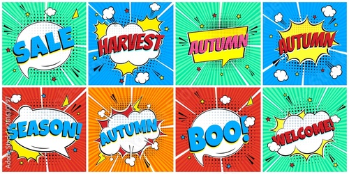 8 Comic Lettering Autumn In The Speech Bubbles Comic Style Flat Design. Dynamic Pop Art Vector Illustration Isolated On Rays Background. Exclamation Concept Of Comic Book Style Pop Art Voice Phrase.