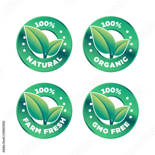 100% natural, organic, farm fresh, gmo free icon set