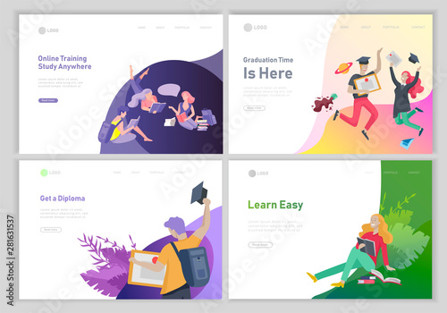 Set of web page design templates with relaxed learning people outdoor and graduate for online education, training and courses. Modern vector illustration concepts for website