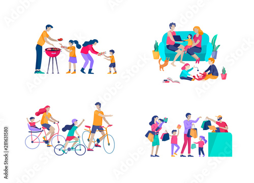 Collection of family hobby activities. Mother, father and children riding bikes, preparing barbecue, shopping, relaxing at home together, cycling. Cartoon vector illustration