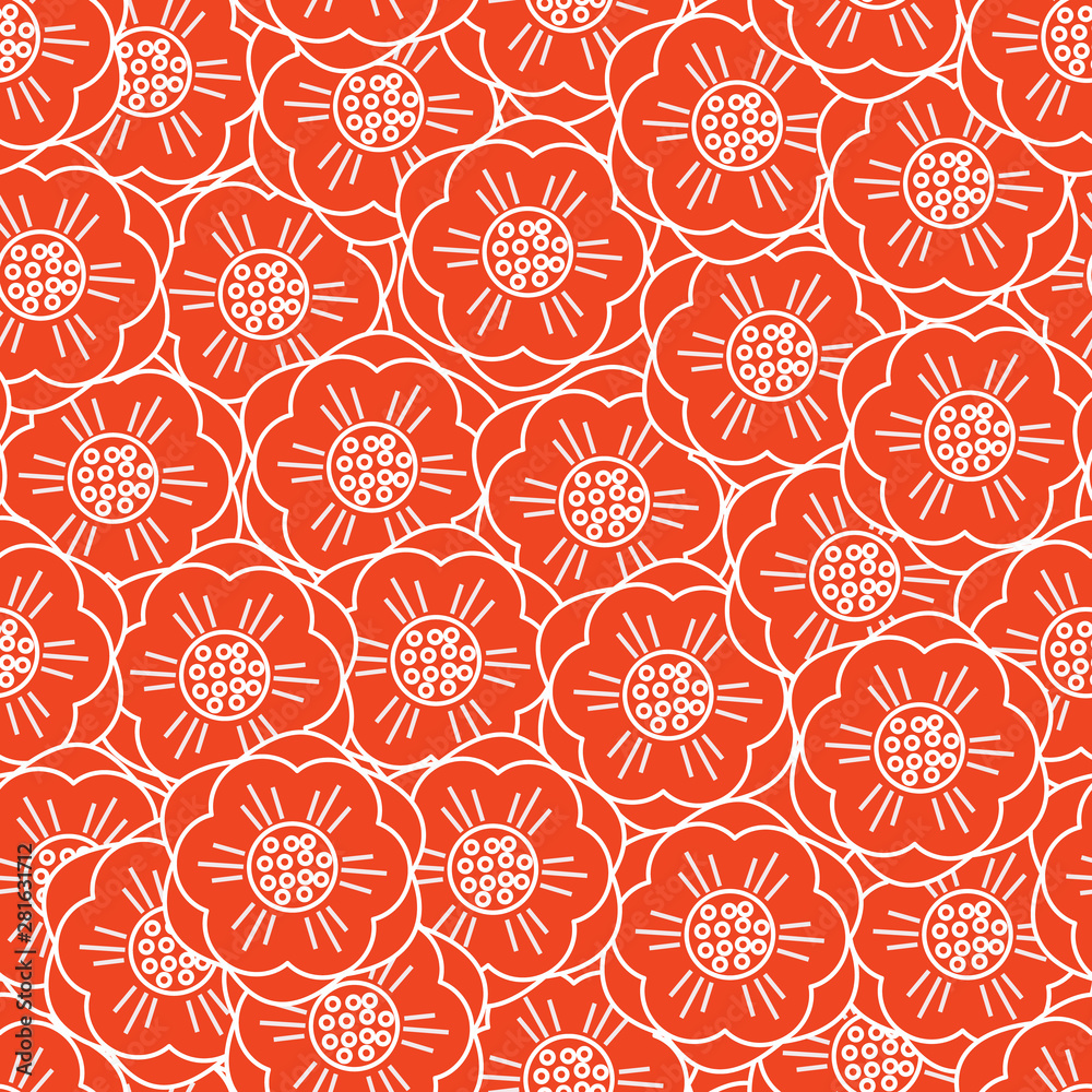 Fototapeta premium Vector White Flowers on Red Seamless Repeat Pattern