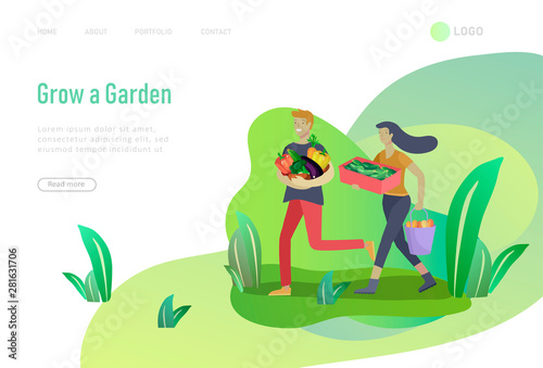 landing page template Harvesting and gardening people, woman and man doing farming and garden job, planting, lay ripe vegetables to box. Reaping crop concept