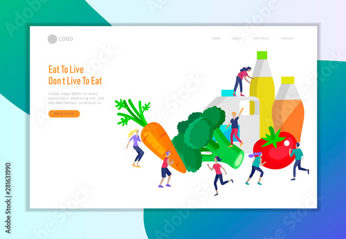 Landing page template with Happy People with vegetable and healthy food, jumping and dansing. Veggie recipe, vegetarian diet and detox concept, eco friendly lifestyle. Colorful illustration