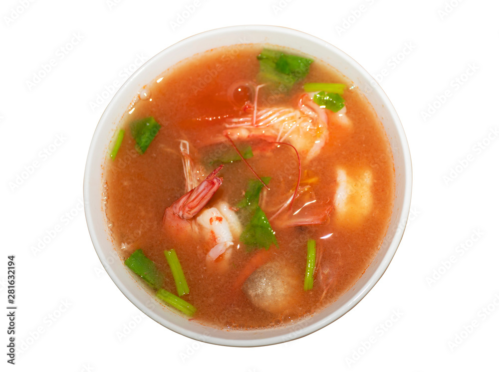 Tom Yum Kung in the top view cup, isolated on a white background Tom Yum Kung in the top view cup, isolated on a white background