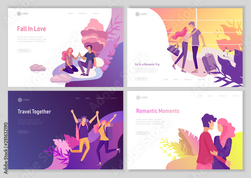 landing page template with Happy Lover Relationship, scenes with romantic couple online dating kissing, hugging, playing guitar, traveling. Characters Valentine day Set. Colorful vector illustration