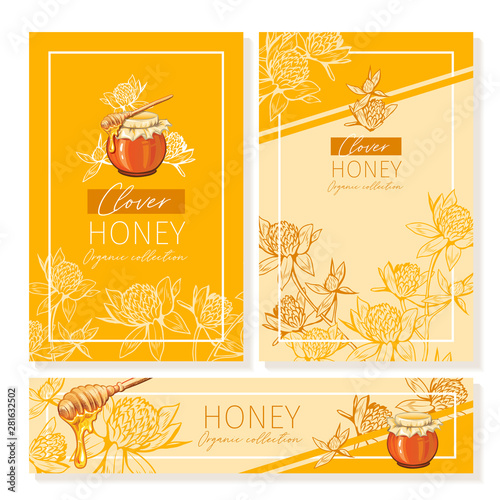 Clover Honey Print Template. Yellow and Orange Banners for Thanksgiving Holiday or Packaging Brand Identity. Vector Illustration