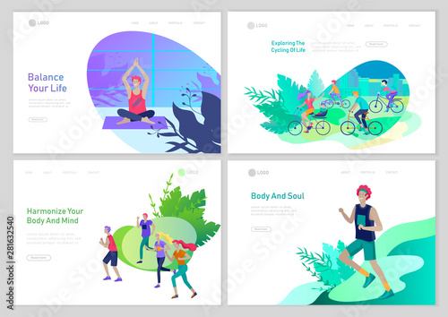 Landing page template with People running, riding bicycles, man doing yoga. People performing sports outdoor activities at park or Nature, healty life style concept. Cartoon illustration