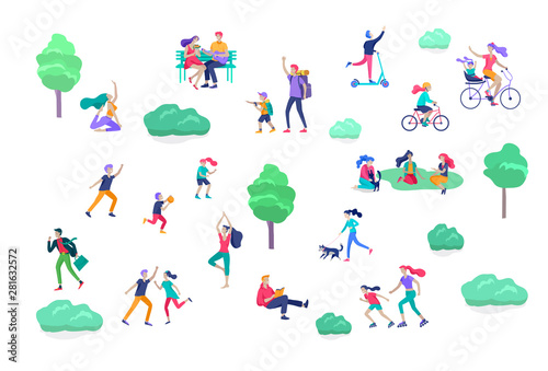 People Spending Time, Relaxing on Nature, family and children performing sports outdoor activities at park, walking dog, doing yoga, riding bicycles, tennis workout. Cartoon vector illustration