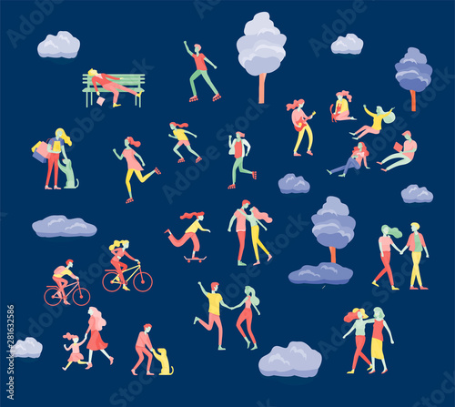 People Spending Time, Relaxing on Nature, family and children performing sports outdoor activities at park, walking dog, doing yoga, riding bicycles, tennis workout. Cartoon vector illustration