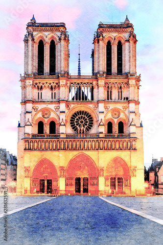 Beautiful Digital Watercolor Painting of Notre Dame in Paris, France