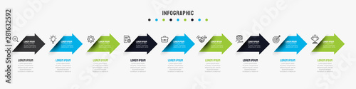 Business timeline infographics template with 7, 8, 9 options, steps, arrow, icons, flowchart, presentations, workflow. Vector eps10 illustration.