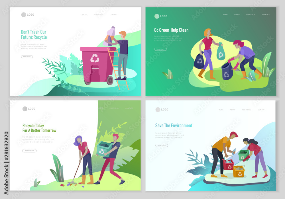Landing page template with people Recycle Sort Garbage in different container for Separation to Reduce Environment Pollution. Family with kids collect garbage. Earth Day vector cartoon illustration Landing page template with people Recycle Sort Garbage in different container for Separation to Reduce Environment Pollution. Family with kids collect garbage. Earth Day vector cartoon illustration