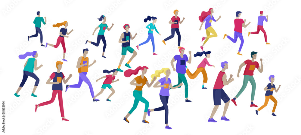 People Marathon Running Sport race sprint, concept illustration running men and women wearing sportswer in landscape. Jogging at Training. Healthy Active Speed Exercise. Cartoon Vector Illustration