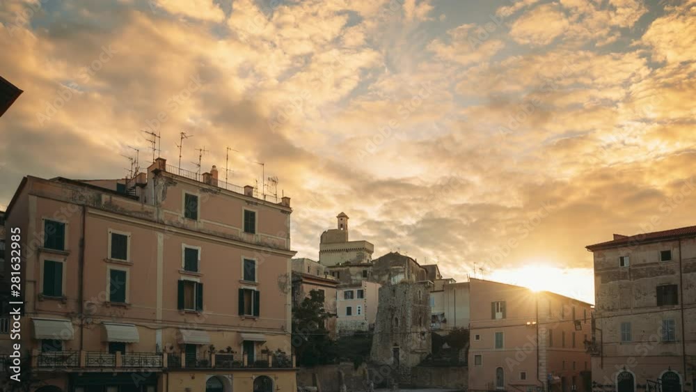 Terracina, Italy. Piazza Municipio And View Of Castle Castello Frangipane In Upper Town In Sunrise Time Terracina, Italy. Piazza Municipio And View Of Castle Castello Frangipane In Upper Town In Sunrise Time