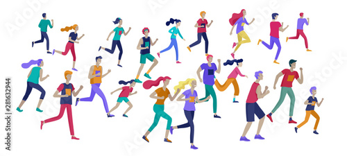 People Marathon Running Sport race sprint  concept illustration running men and women wearing sportswer in landscape. Jogging at Training. Healthy Active Speed Exercise. Cartoon Vector Illustration