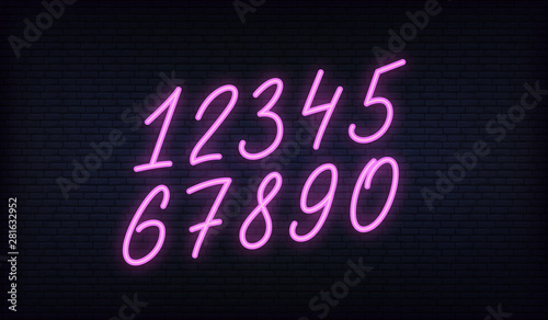 Neon number characters set. Glowing neon hand lettering numbers in a set
