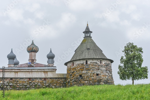 Medieval fortress- brick stone wall. Outdoor architecture- vintage rock