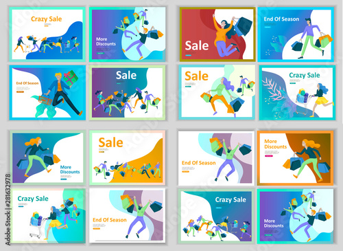 Landing page templates. People running for sale, crazy discounts, end of season, carrying shopping bags with purchases. Madness on seasonal sale at store shop. Cartoon character for black friday