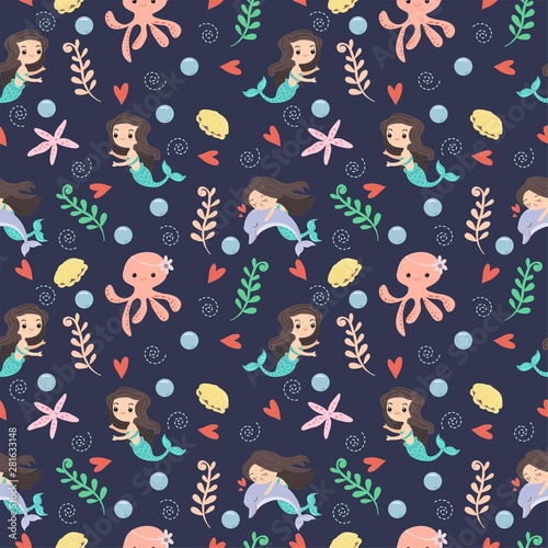 Childish seamless pattern with mermaid and underwater elements.Perfect for kids apparel,fabric, textile, nursery decoration,wrapping paper 
