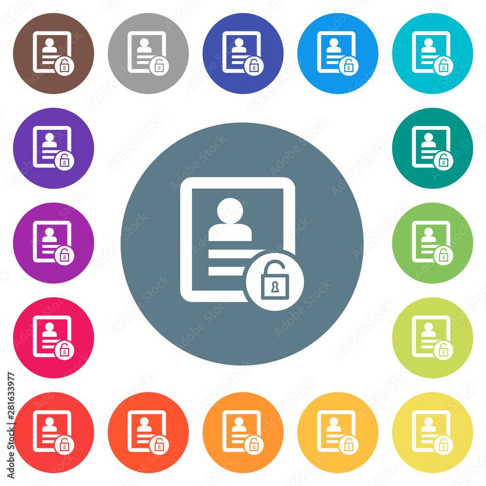 Unlock contact flat white icons on round color backgrounds