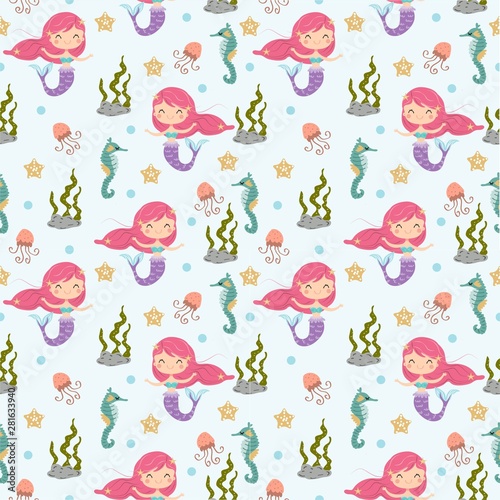 cute mermaid and underwater friend seamless pattern