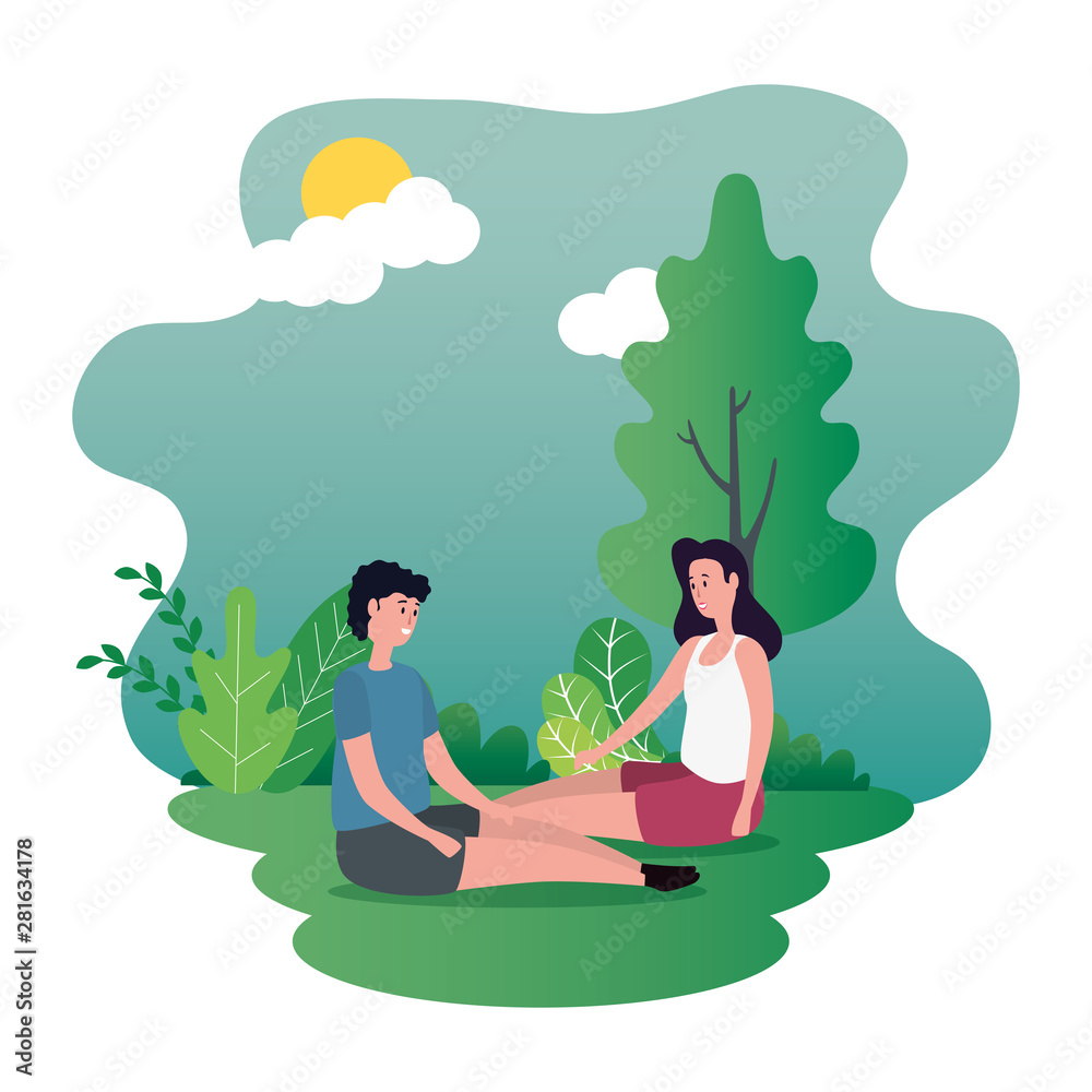 cute lovers couple seated on the park characters cute lovers couple seated on the park characters