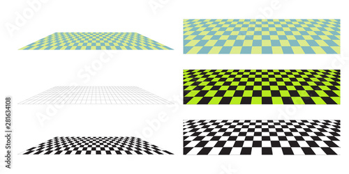 Set of vector black and white perspective floor elements. Chess board backgrouns
