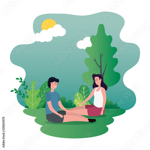 cute lovers couple seated on the park characters