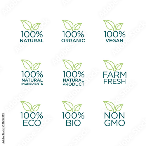 100% natural, organic, vegan, natural ingredients, natural product, farm fresh, eco,   bio, gmo free icon set