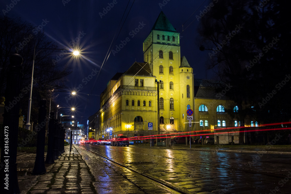 Night street on a rainy day in Wroclaw. Poland