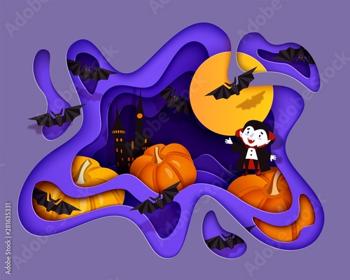 Happy Halloween 3d papercut layered design. Witch, ghoul, vampire, bat, pumpkin, mummy, ghost, moon. Purple and orange festive background. Vector illustration