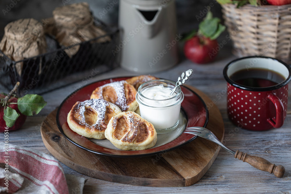 Fresh homemade pancake with apples, honey and cinnamon Fresh homemade pancake with apples, honey and cinnamon