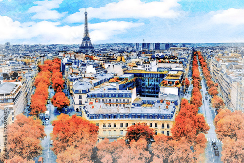 Beautiful Digital Watercolor Painting of the steets of Paris, France with the Eiffel Tower in the background.