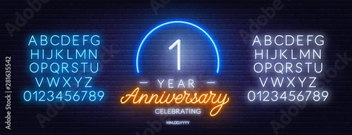 First Year Anniversary celebration neon sign on a dark background.
