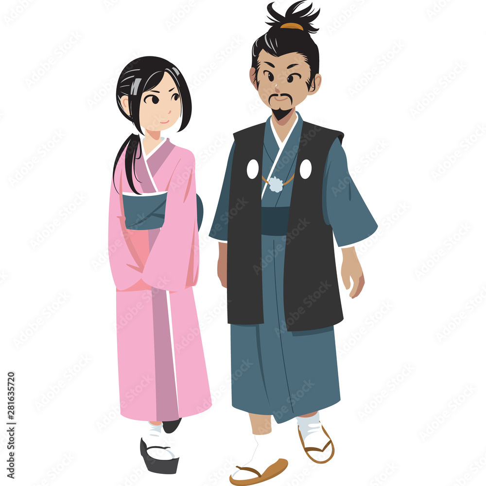 Japanese man and woman in the traditional clothing isolated on white background. Vector Illustration Japanese man and woman in the traditional clothing isolated on white background. Vector Illustration