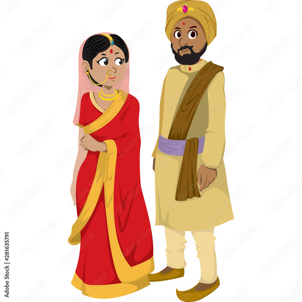 indian man and woman in the traditional clothing isolated on white background. Vector Illustration