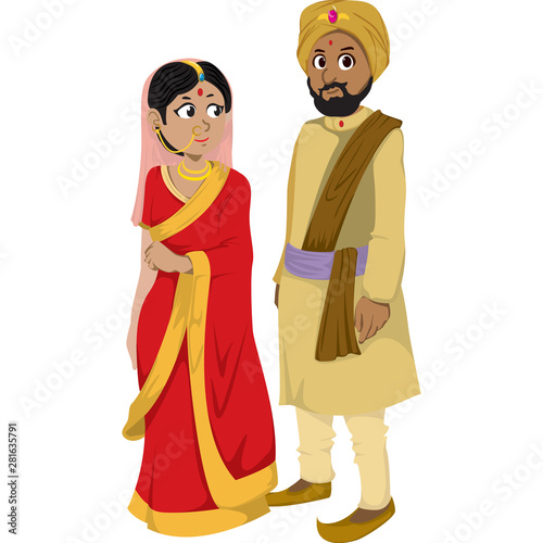 indian man and woman in the traditional clothing isolated on white background. Vector Illustration
