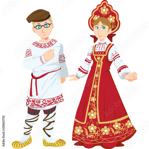 Russian man and woman in the traditional clothing isolated on white background. Vector Illustration